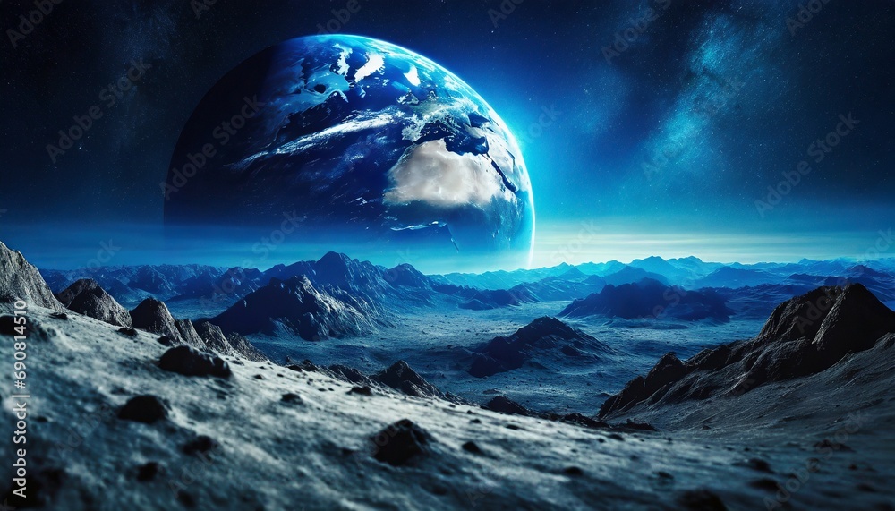 Blue earth view from moon surface Blue earth view from moon surface