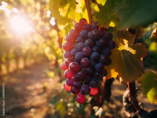 Close-up of grapes in vineyard, at sunset.