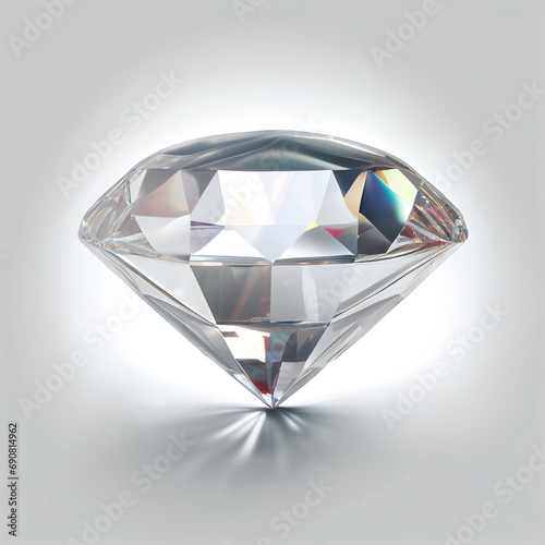 Close-up of a diamond on a white background. The diamond is perfectly cut and polished, and its facets sparkle in the light. The white background makes the diamond stand out