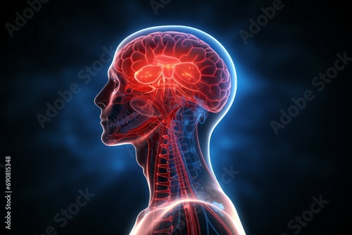 Hologram of the head brain. Background with selective focus and copy space #690815348