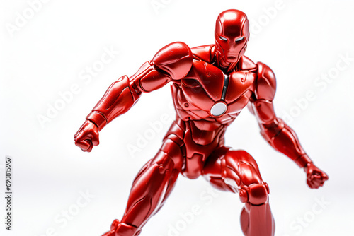 Dynamic Red Iron Man Action Figure on White Background © alphazero