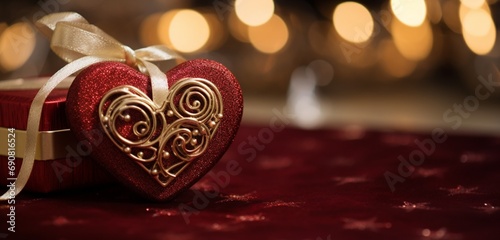 A detailed close-up capturing the beauty of a glistening heart-shaped ornament atop a carefully wrapped gift box.