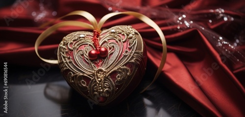 A detailed close-up capturing the beauty of a glistening heart-shaped ornament atop a carefully wrapped gift box.