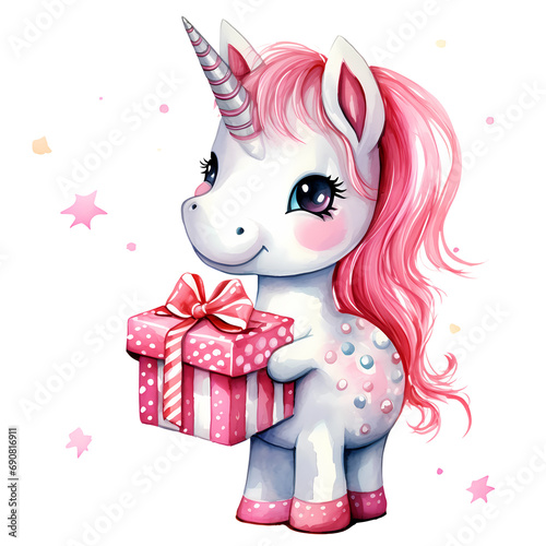 Cute Unicorn Pink Gift Watercolor Clipart Illustration