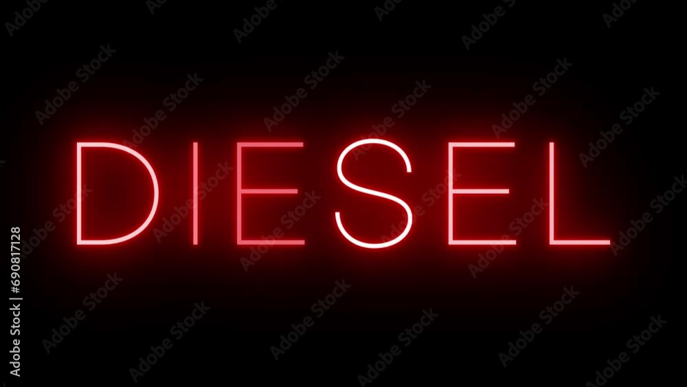 Flickering red retro style neon sign glowing against a black background for DIESEL