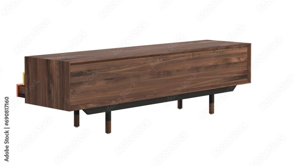 Circular animation of TV cabinet with retractable shelves. Wooden chest of drawers with colorful doors on the legs. Open position. TV cabinet on white background with shadows. 3d render Circular animation of TV cabinet with retractable shelves. Wooden chest of drawers with colorful doors on the legs. Open position. TV cabinet on white background with shadows. 3d render