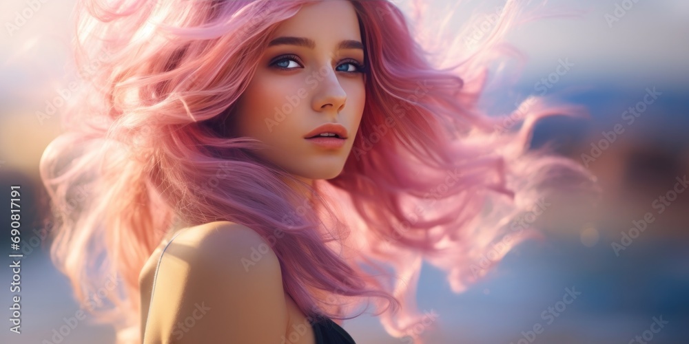 a girl standing outside with pink hair, generative AI