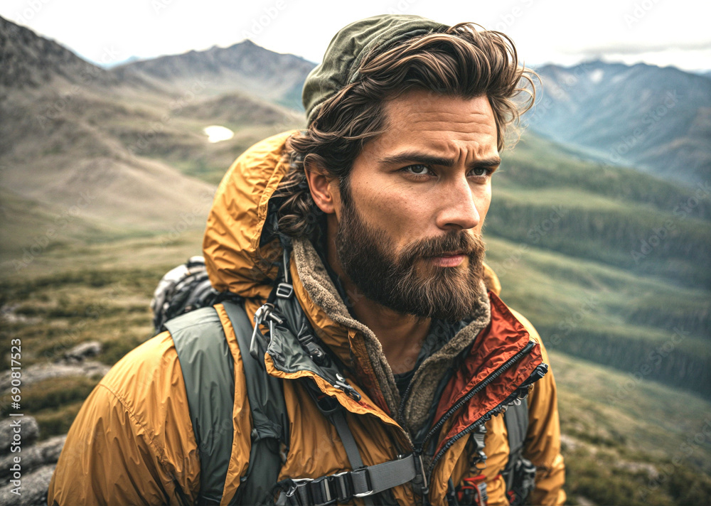 Mountaineer (climber, hiker) at the top of a mountain contemplating the landscape to continue the journey. Outdoor sports activities.