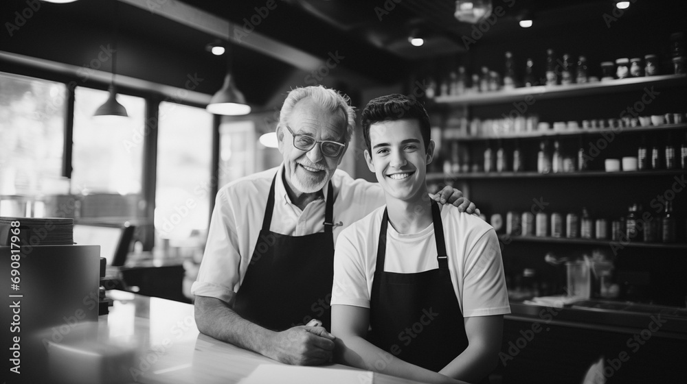 father and son own a small cafeteria business. Photo in black style