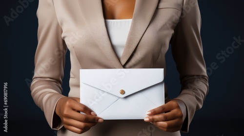 young woman holding blank envelope