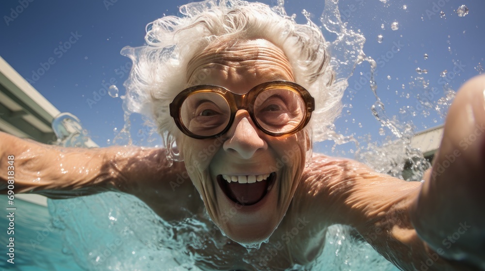 old woman granny having fun with selfie in the swimming pool