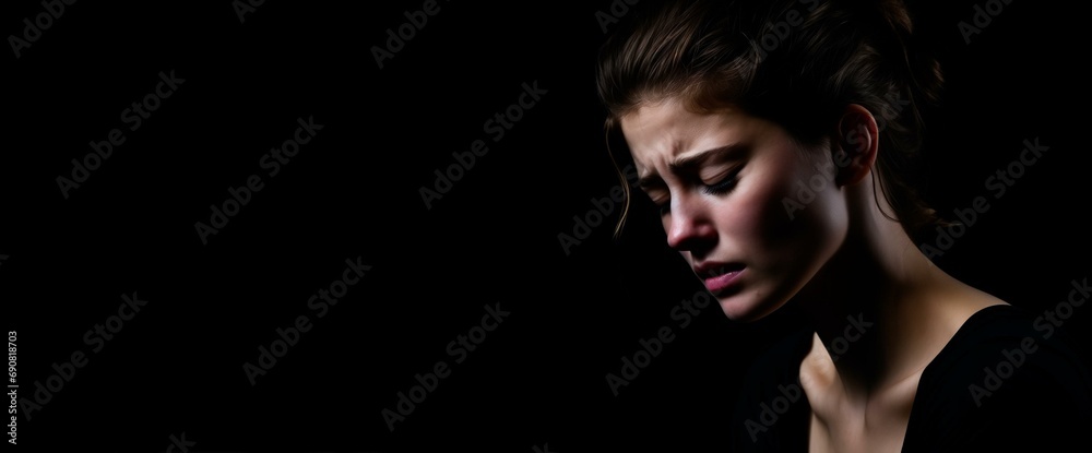 Emotional portrait of a distraught woman on black background with copy space Emotional portrait of a distraught woman on black background with copy space