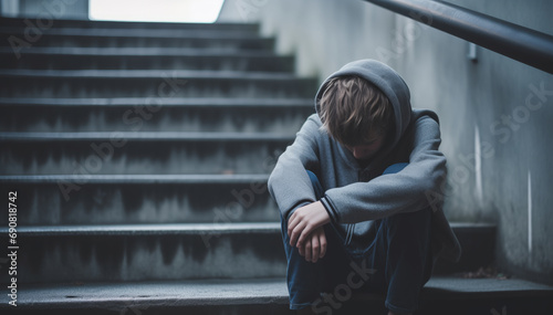 Crying young boy sitting on urban staircase, victim of school bullying