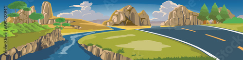 Vector or Illustrator of landscape transportation of asphalt road cutting through mountains. Mountains are steep and high. River cutting through the middle. Under white clouds and blue sky.