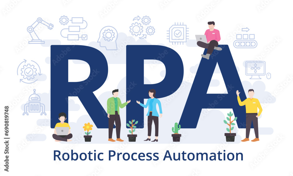 RPA - Robotic Process Automation concept with big word text acronym and team people in modern flat style vector illustration