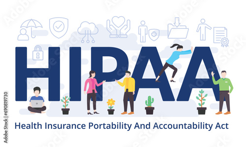 HIPAA - Health Insurance Portability And Accountability Act concept with big word text acronym and team people in modern flat style vector illustration