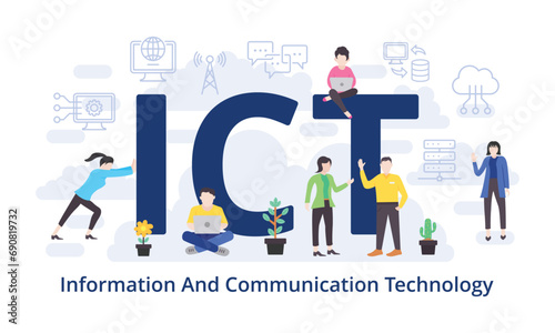 ICT - Information And Communication Technology concept with big word text acronym and team people in modern flat style vector illustration