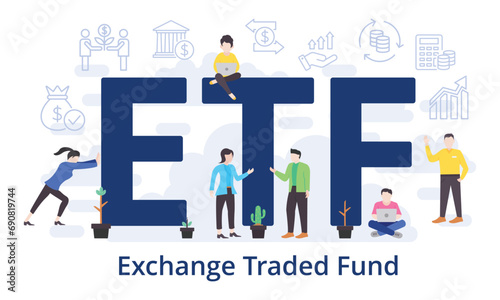 ETF - Exchange Traded Fund concept with big word text acronym and team people in modern flat style vector illustration