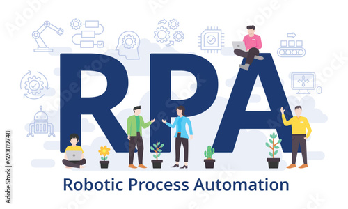 RPA - Robotic Process Automation concept with big word text acronym and team people in modern flat style vector illustration