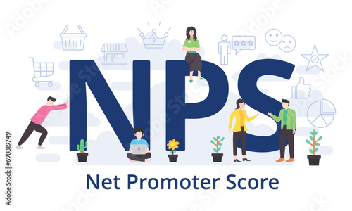 NPS - Net Promoter Score concept with big word text acronym and team people in modern flat style vector illustration