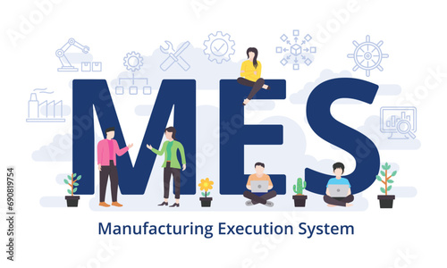 MES - Manufacturing Execution System concept with big word text acronym and team people in modern flat style vector illustration