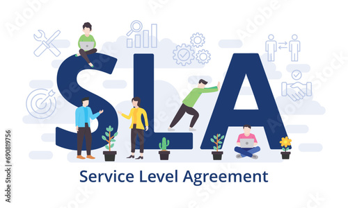 SLA - Service Level Agreement concept with big word text acronym and team people in modern flat style vector illustration photo