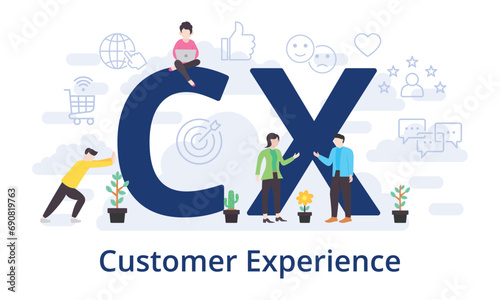 CX - Customer Experience concept with big word text acronym and team people in modern flat style vector illustration