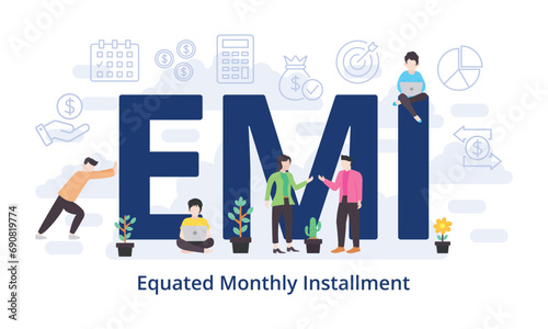 EMI - Equated Monthly Installment concept with big word text acronym and team people in modern flat style vector illustration