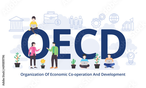 OECD - Organization Of Economic Co-operation And Development concept with big word text acronym and team people in modern flat style vector illustration photo