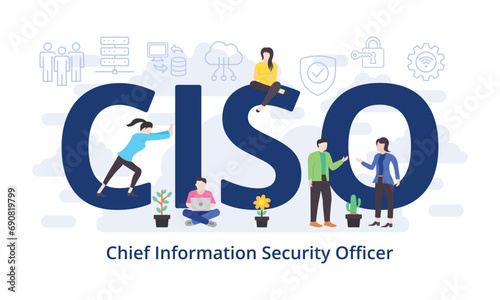 CISO - Chief Information Security Officer concept with big word text acronym and team people in modern flat style vector illustration