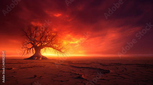 Twilight Over a Desert Containing a Tree With Bare Branches