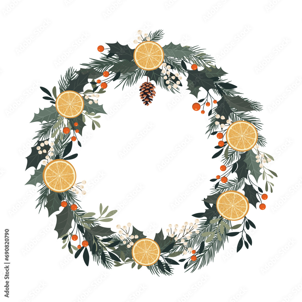 Świąteczna ramka z plastrami pomarańczy, liśćmi, gałązkami choinki, ostrokrzewem i jagodami. Zimowa kompozycja do designu na Boże Narodzenie i Nowy Rok. - obrazy, fototapety, plakaty 