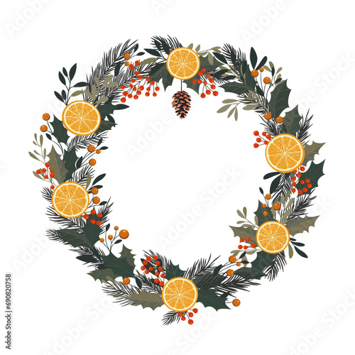 Świąteczna ramka z plastrami pomarańczy, liśćmi, gałązkami choinki i czerwonymi jagodami. Zimowa kompozycja do designu na Boże Narodzenie i Nowy Rok.