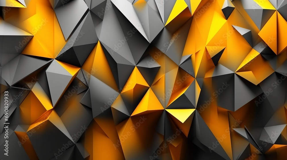 Obraz premium Yellow orange abstract background for design. Geometric shapes. Lines, triangles. 3d effect. Light, glow, shadow. Gradient. Dark grey, silver. Modern, futuristic. Design concept. Wallpaper concept. Ab