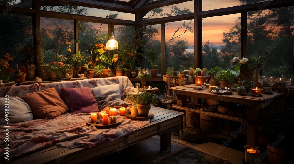 Cozy Sunroom with Plants and Candles at Sunset