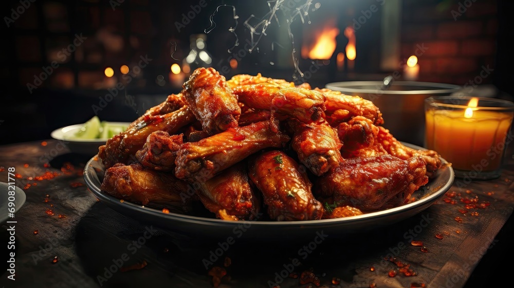 Buffalo wings with melted hot sauce on a wooden table with a blurred background - obrazy, fototapety, plakaty 