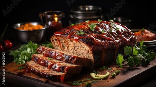 delicious meatloaf with vegetable topping, black and blurred background photo