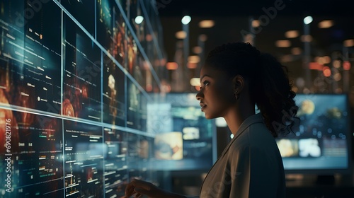 A female software developer using collaboration tools in a cloud computing environment. Her screen is filled with various apps and programs. generative AI