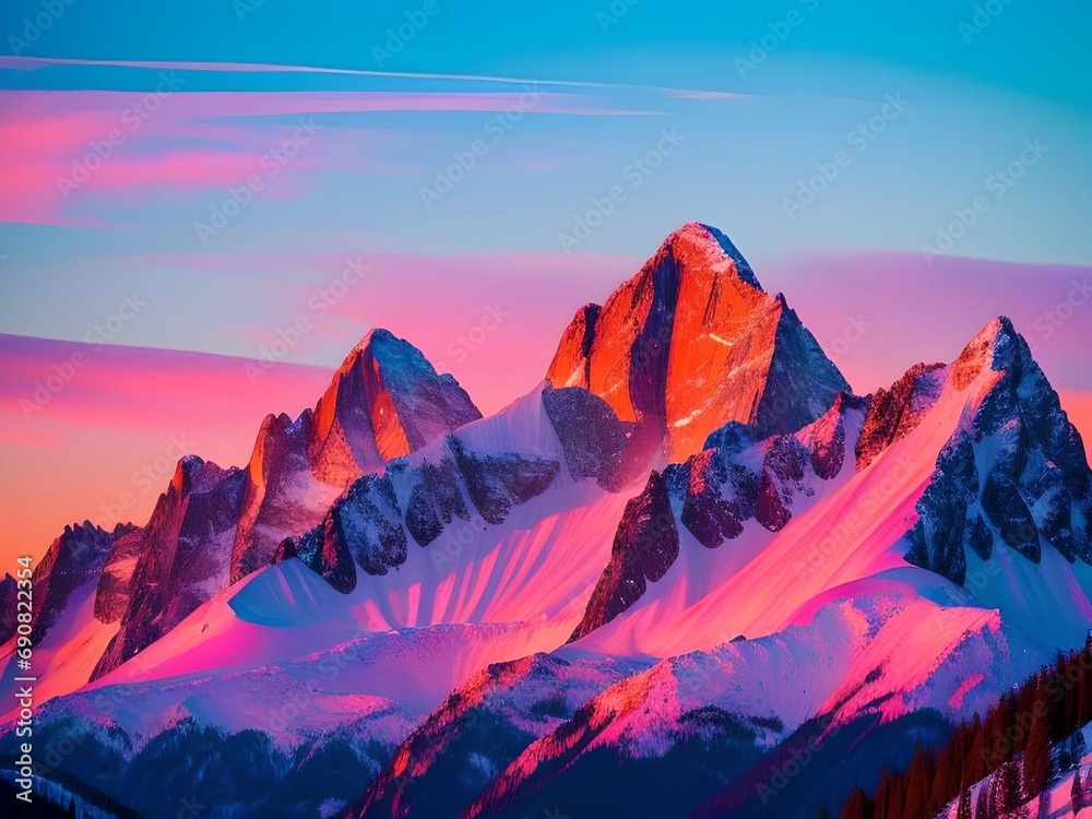 Panoramic Pinkish Landscape of Snowy Mountains with Cloudy Sky Behind illustration
