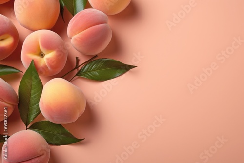 Fototapeta Naklejka Na Ścianę i Meble -  Banner with fruits on a light peach fuzz background. Greeting card template for wedding, mother's day or women's day. Spring composition with copy space. Flat style