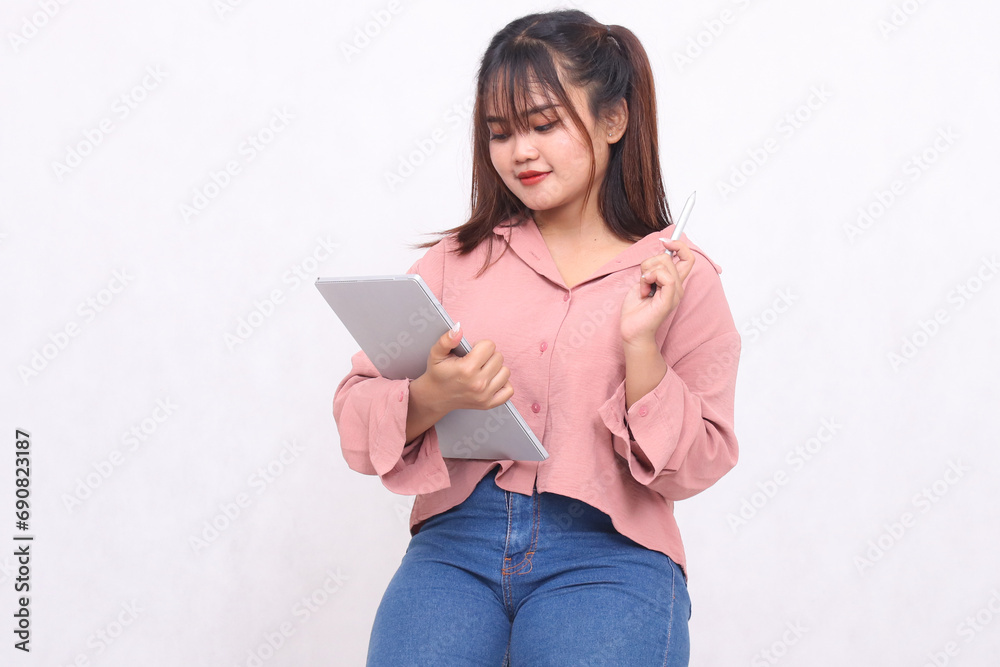 Business, finance and work, female successful entrepreneur concept. Professional stylish Asian businessman repair project using laptop standing smile looking at notebook on white background Business, finance and work, female successful entrepreneur concept. Professional stylish Asian businessman repair project using laptop standing smile looking at notebook on white background