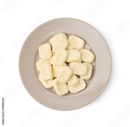 Plate of tasty lazy dumplings isolated on white, top view