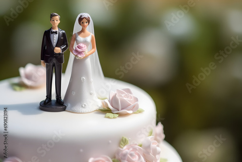 Close-up of figurine couple on wedding cake