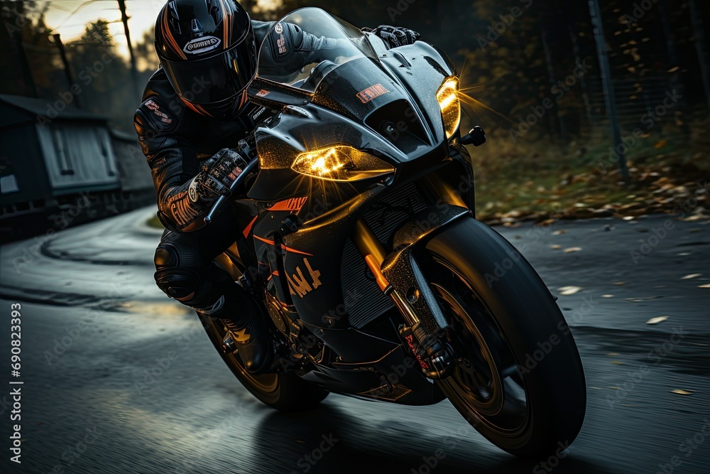 Rider in modern suit and helmet on racing motorcycle Rider in modern suit and helmet on racing motorcycle