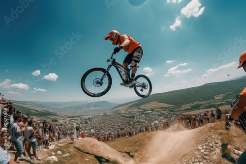 Male athlete on bicycle flying at high speed.