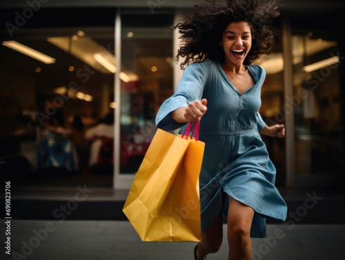 Mulher apressada com sacolas de compras na rua photo