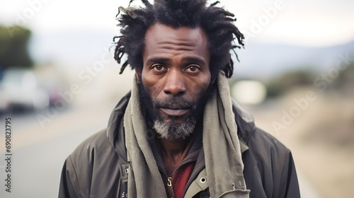 Closeup Of A Homeless Black Male In his 40s or 50s photo