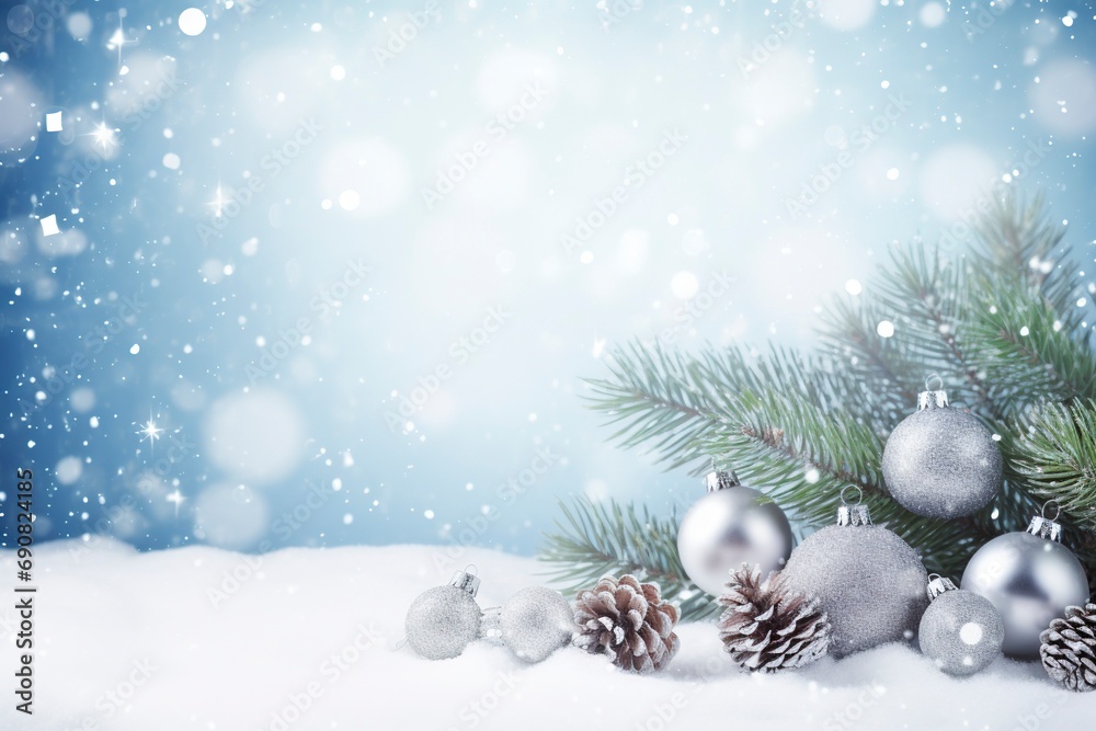 EasytoFind Festive Christmas Background with Fir Branches Balls Snowflakes, copy space with generative ai
