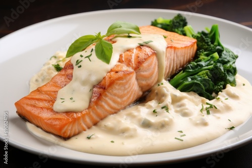 Salmon with sauce on plate