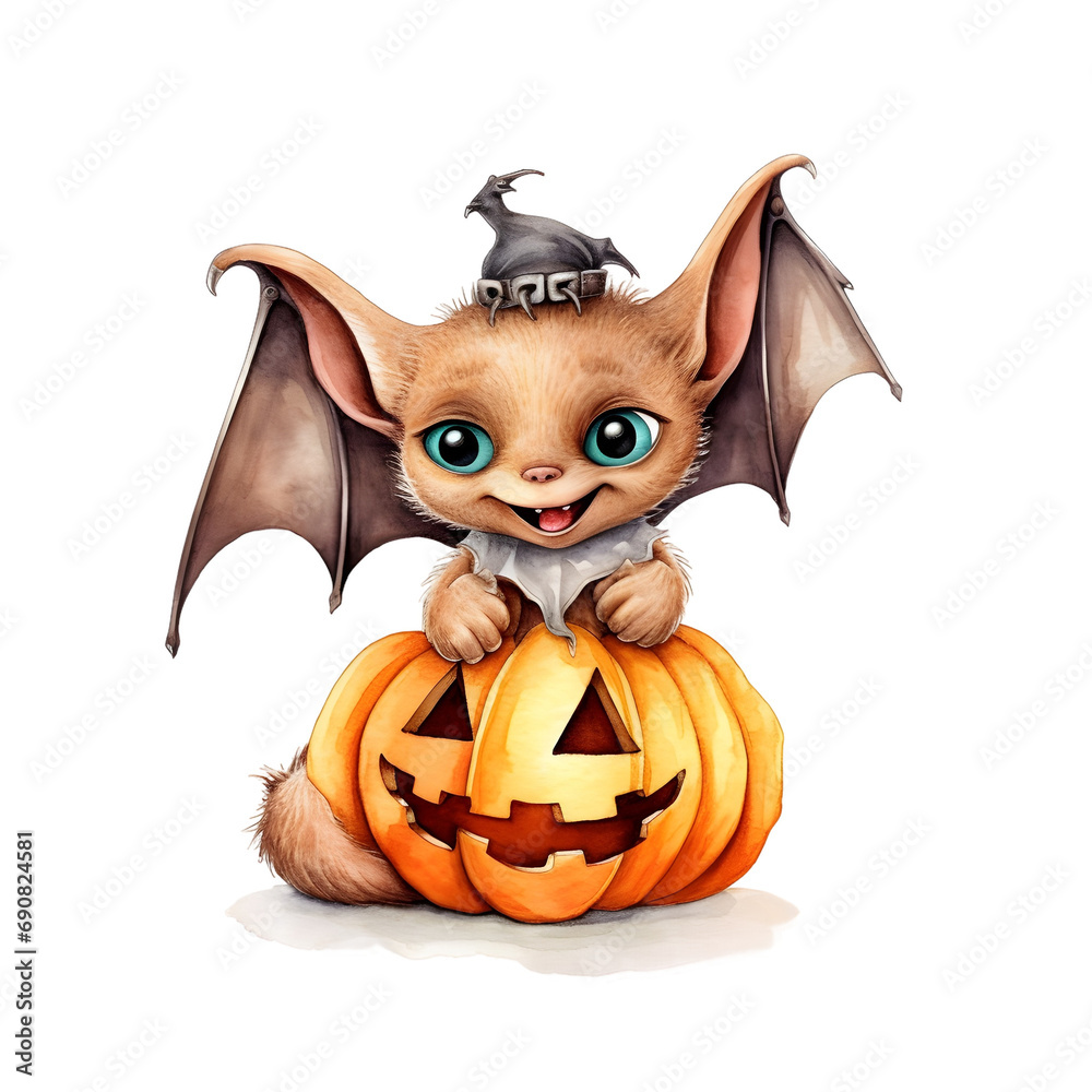 Halloween watercolor bats and jack o lantern on transparent background Halloween watercolor bats and jack o lantern on transparent background